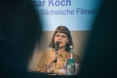 Sophie Riedel (Absolventin SommerFilmAkademie Lausitz) beim Panel »Sachsens Fachkräfte«.